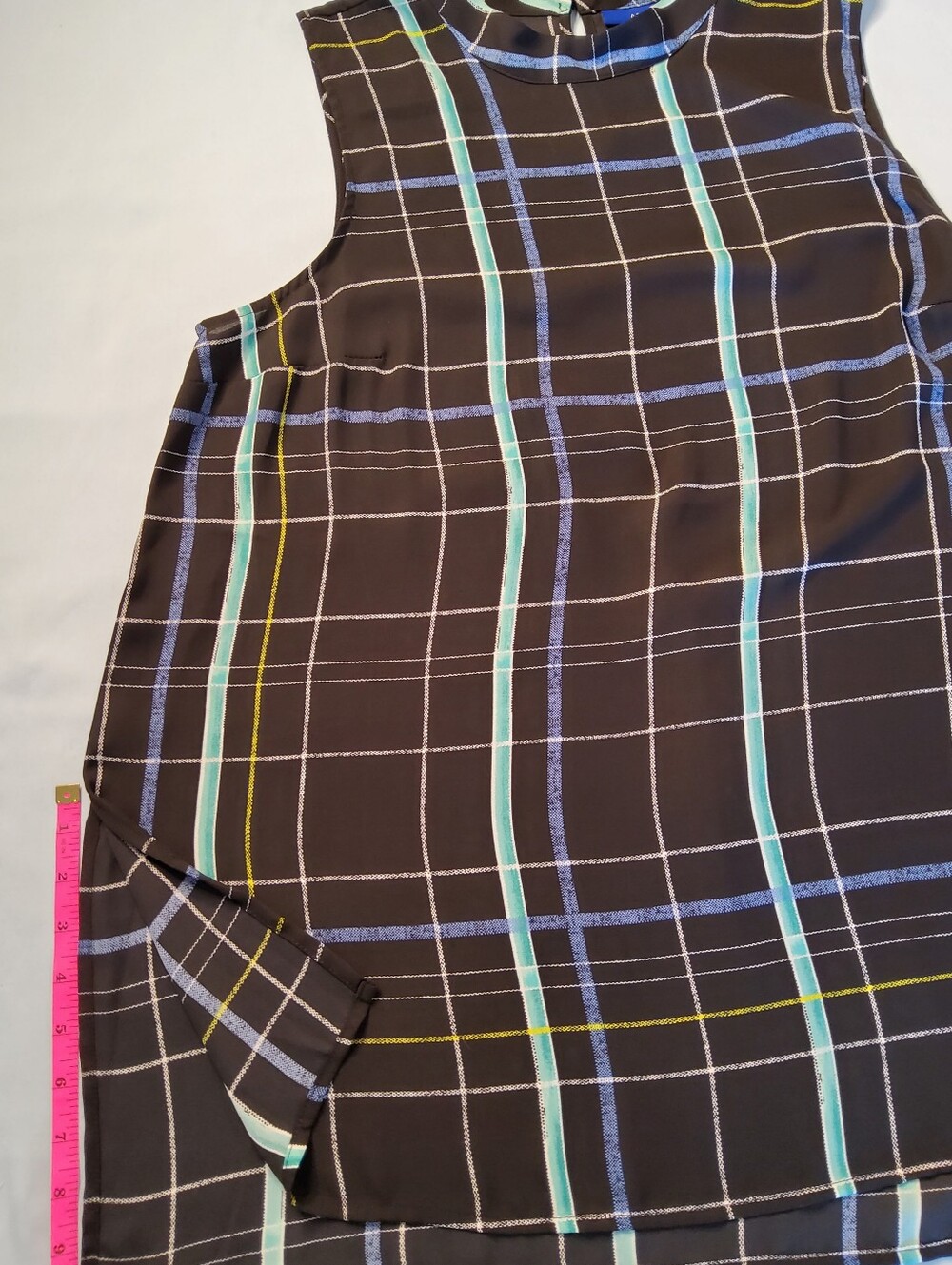 Apt. 9 Black Plaid Sleeveless Mock Neck Top with Blue and Teal Stripes - Picture 5 of 8